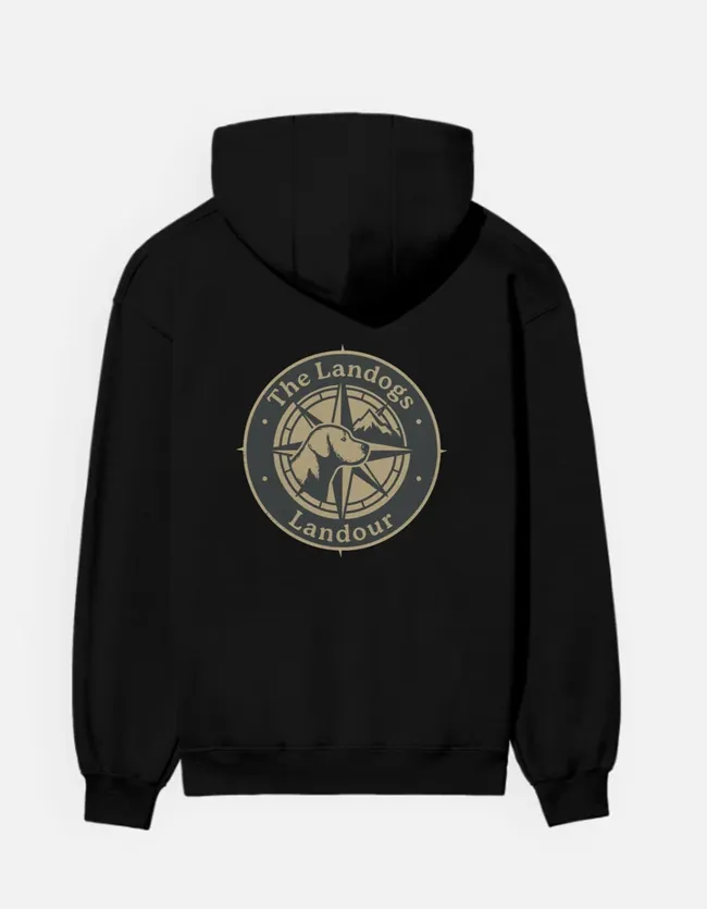 The Compass Hoodie, dark edition, with The Landogs compass badge on the back